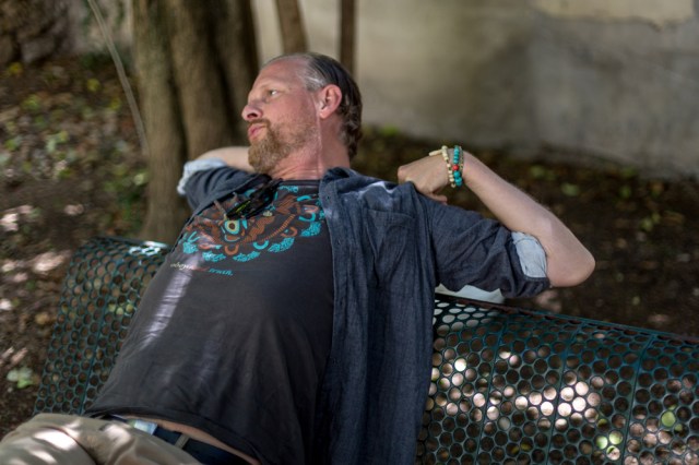 Thomas Ostermeier stretching between two interviews. 